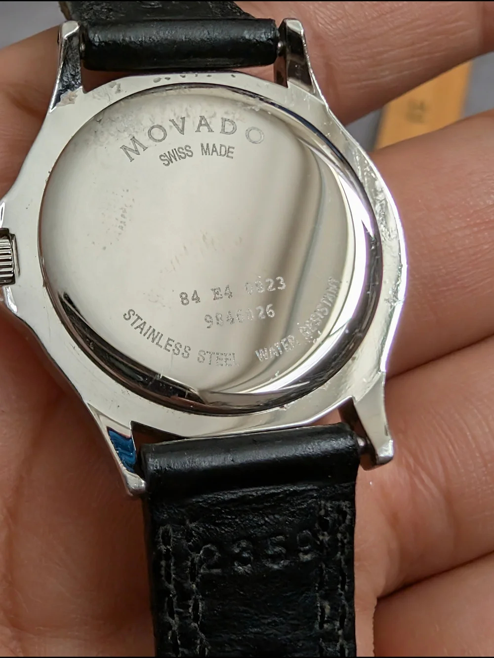 Movado Museum Black Dial Stainless Steel Watch with Black Leather Strap